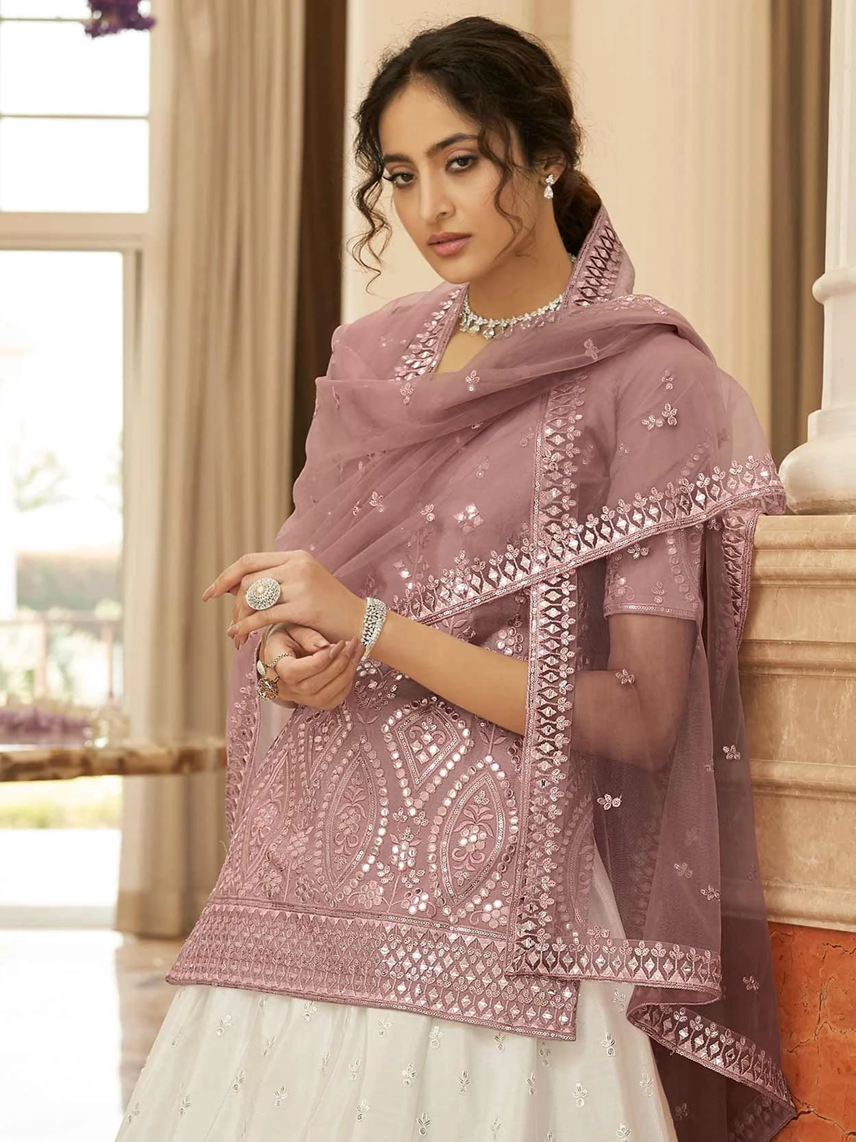 White Sequined Lehenga Choli In Chiffon 4 White Sequined Lehenga Choli In Chiffon - Image 2