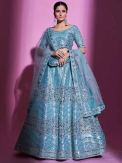 Blue Mirror Work Embroidered Art Silk Lehenga Choli
