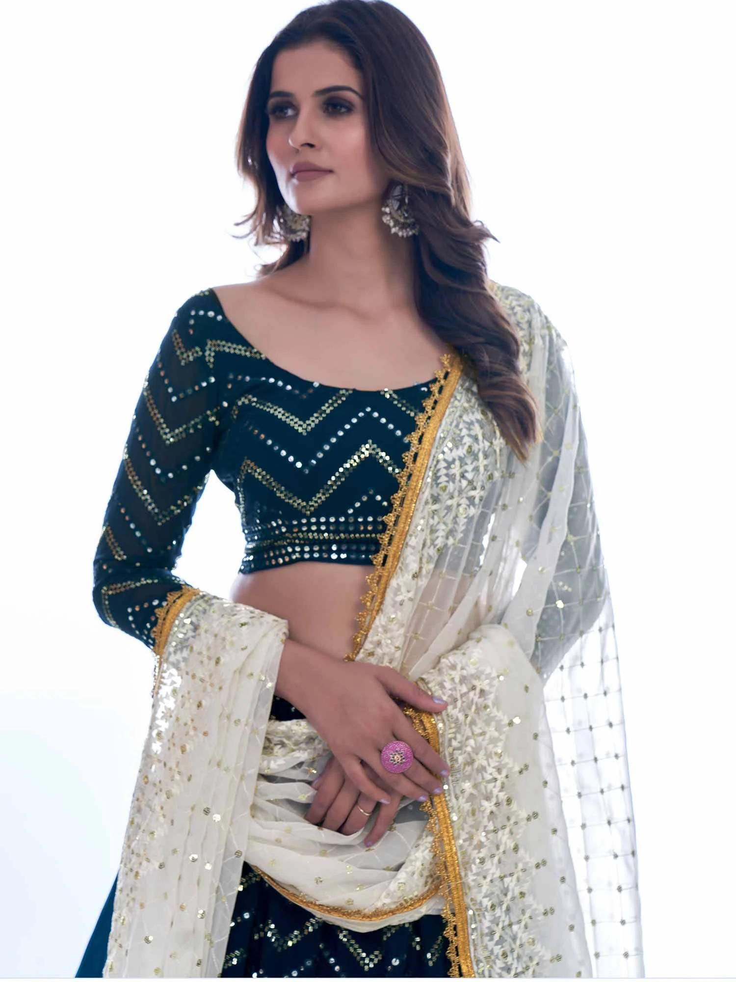 Green Sequined Lehenga Choli In Georgette 4 Green Sequined Lehenga Choli In Georgette - Image 2