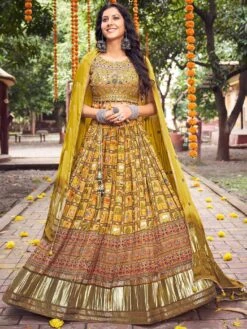 Yellow Printed Lehenga With Embroidered Choli