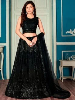 Black Sequined Cocktail Lehenga Choli In Net