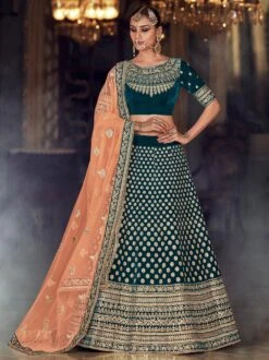 Blue Velvet Lehenga Choli With Resham Embroidery