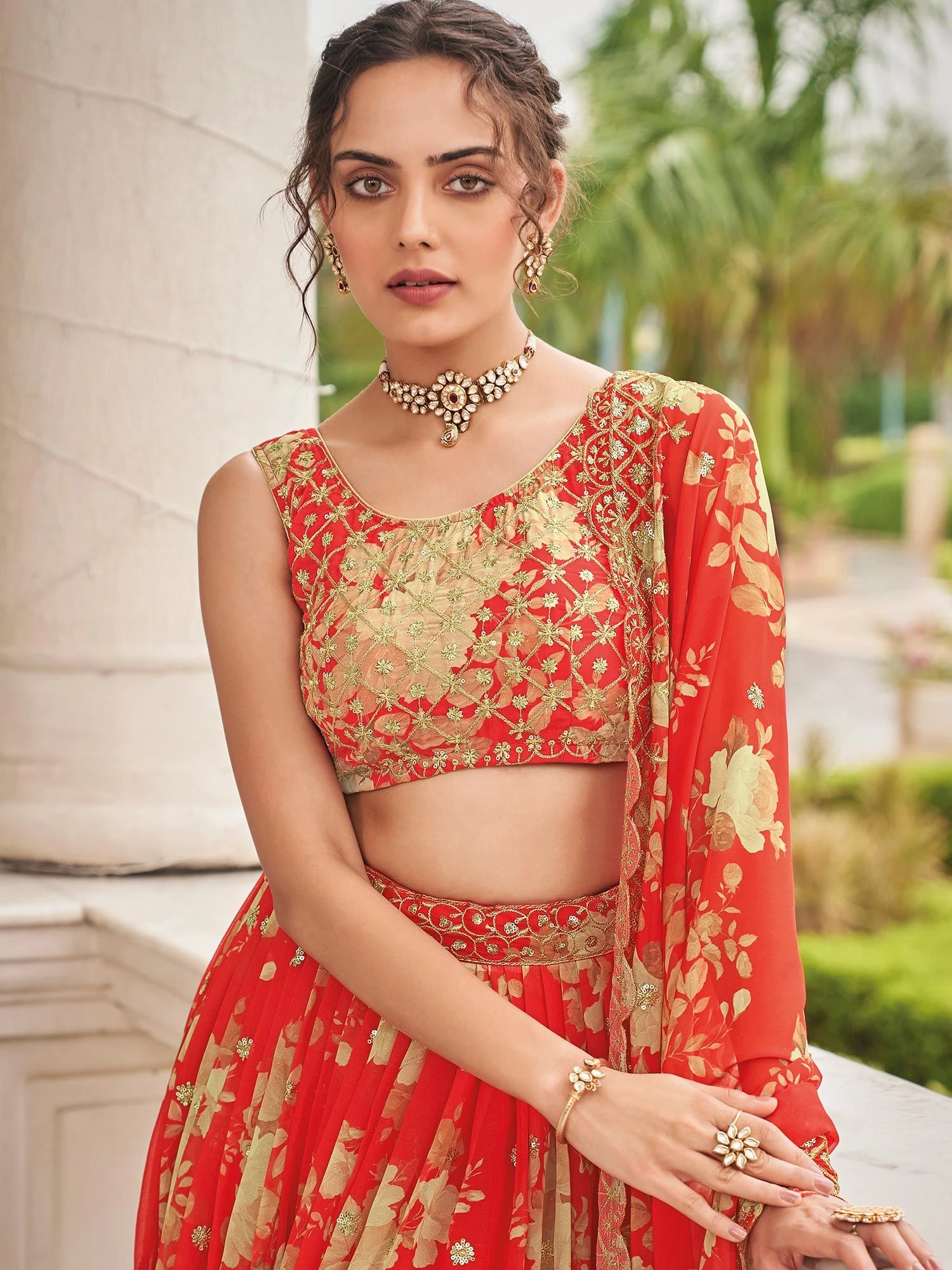 Red Floral Printed Festive Lehenga Choli With Dupatta 4 Red Floral Printed Festive Lehenga Choli With Dupatta - Image 2