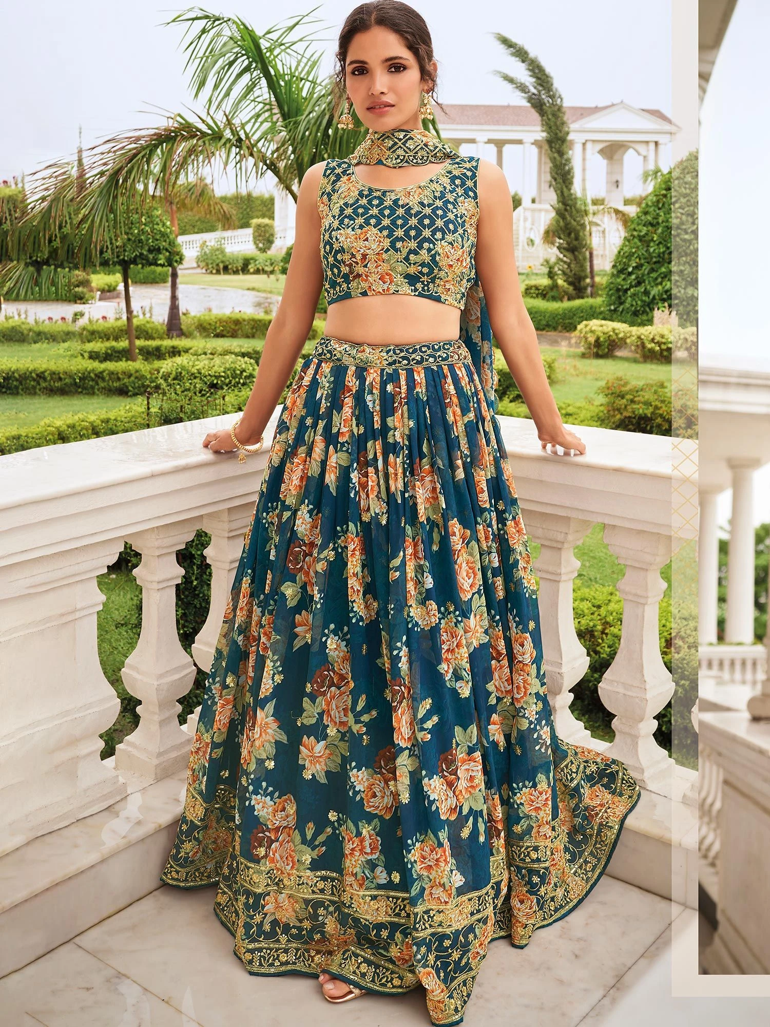 Blue Printed Lehenga Choli With Embroidery 3 Blue Printed Lehenga Choli With Embroidery
