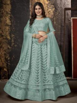 Green Sequins Embroidered Lehenga Choli In Net