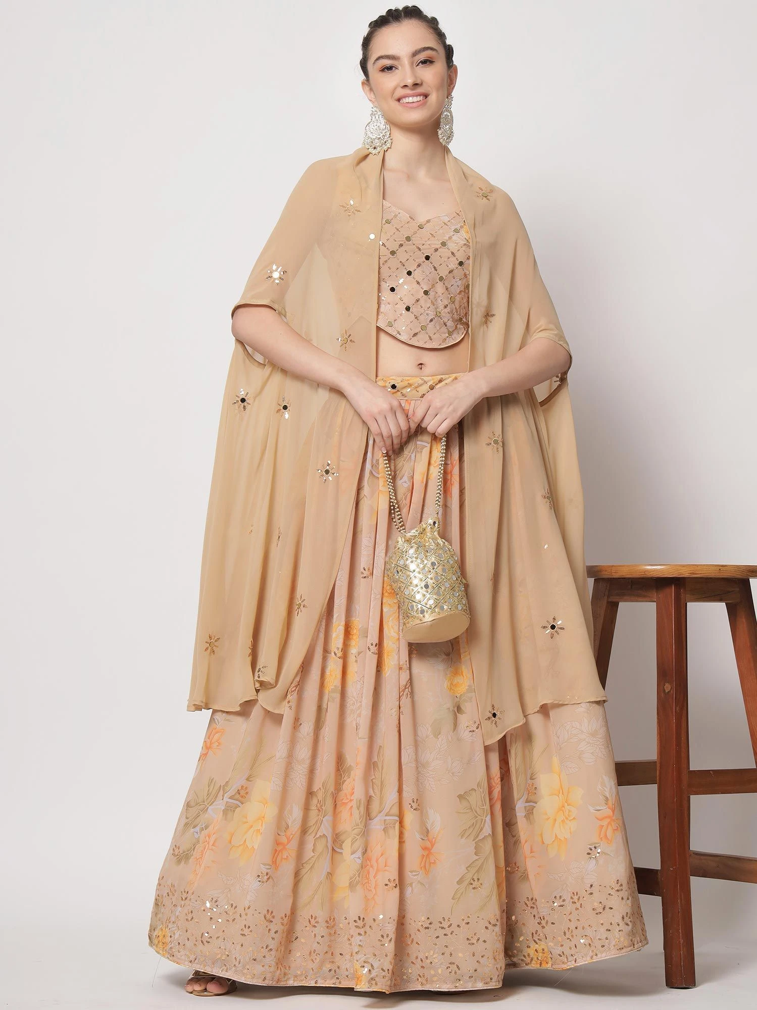 Beige Floral Printed Lehenga Choli In Georgette 3 Beige Floral Printed Lehenga Choli In Georgette