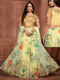 Yellow Floral Organza Lehenga Choli With Dupatta
