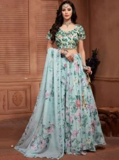 Blue Organza Lehenga Choli With Floral Prints
