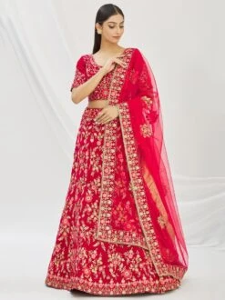 Pink Bridal Embroidered Lehenga Set In Velvet