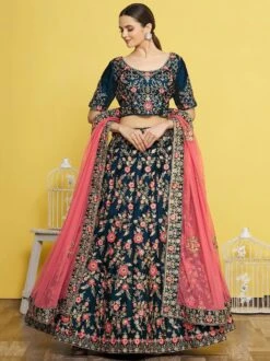 Blue Thread Embroidered Lengha Choli In Silk
