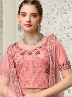 Peach Net Lehenga With Thread Embroidery