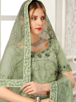 Green Festive Net Lehenga With Dupatta