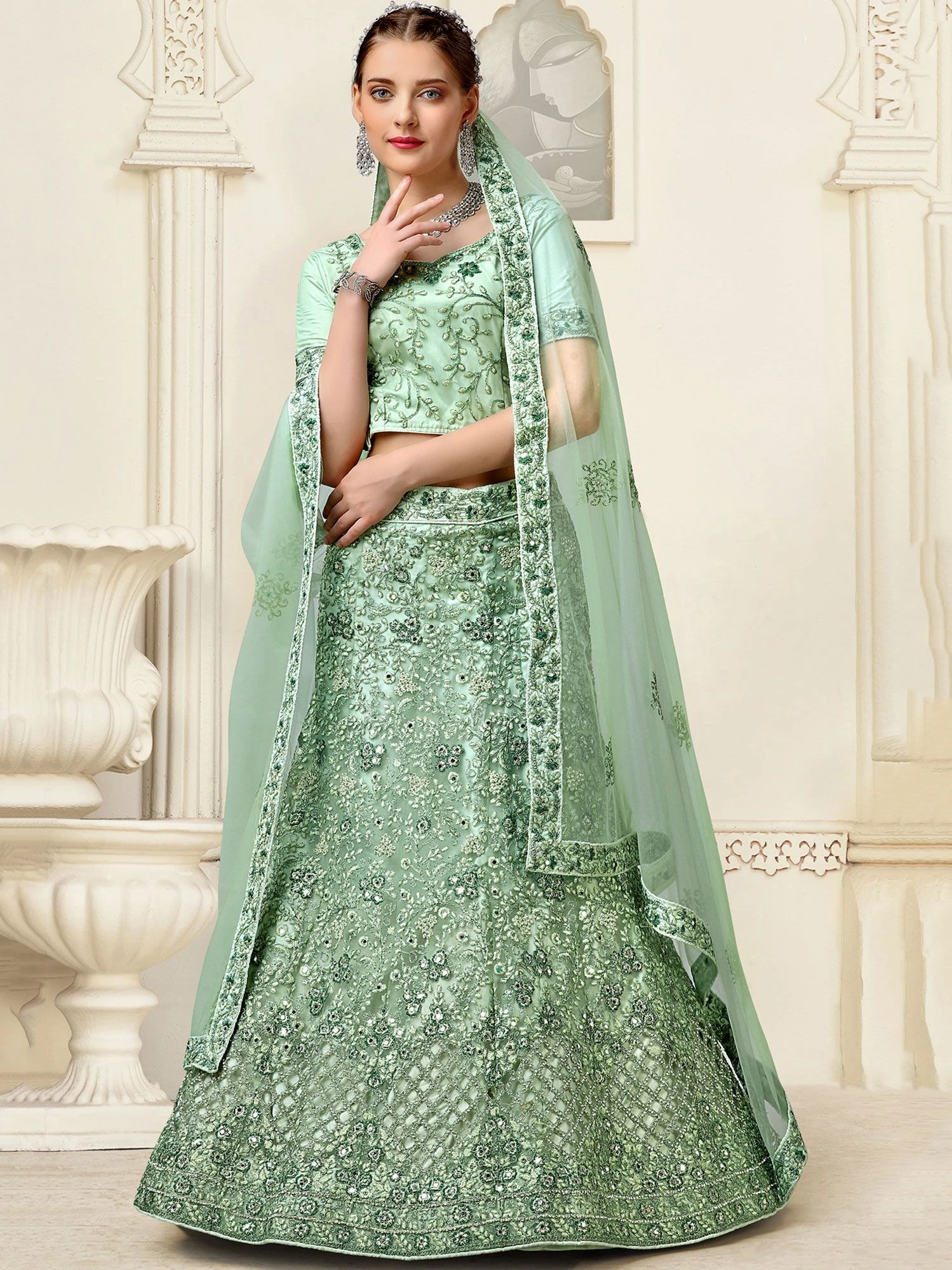 Green A Line Festive Lehenga With Dupatta 4 Green A Line Festive Lehenga With Dupatta - Image 2