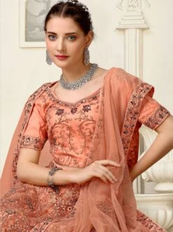 Orange Net Lehenga Set With Thread Embroidery