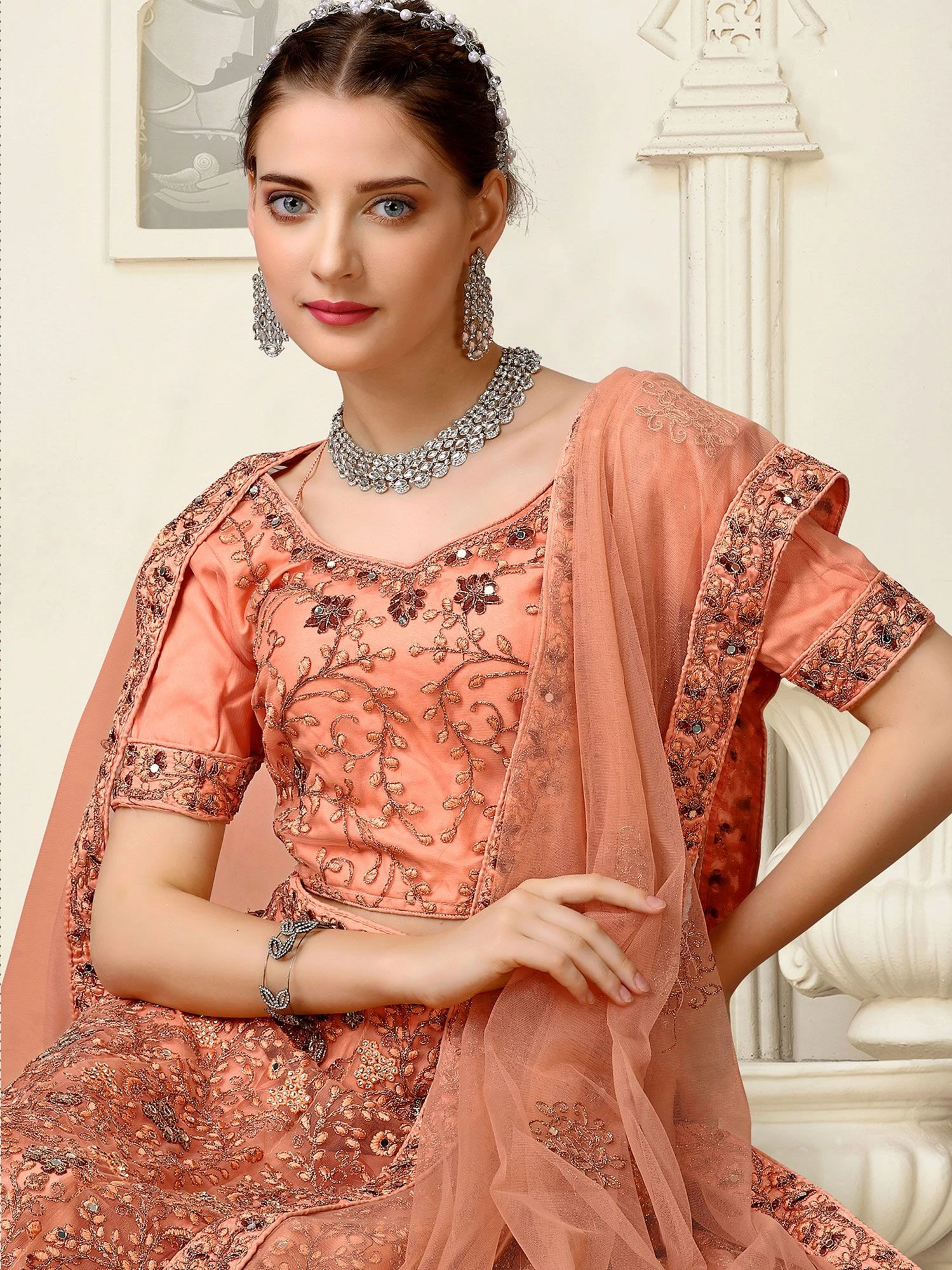 Orange Net Lehenga Set With Thread Embroidery 3 Orange Net Lehenga Set With Thread Embroidery