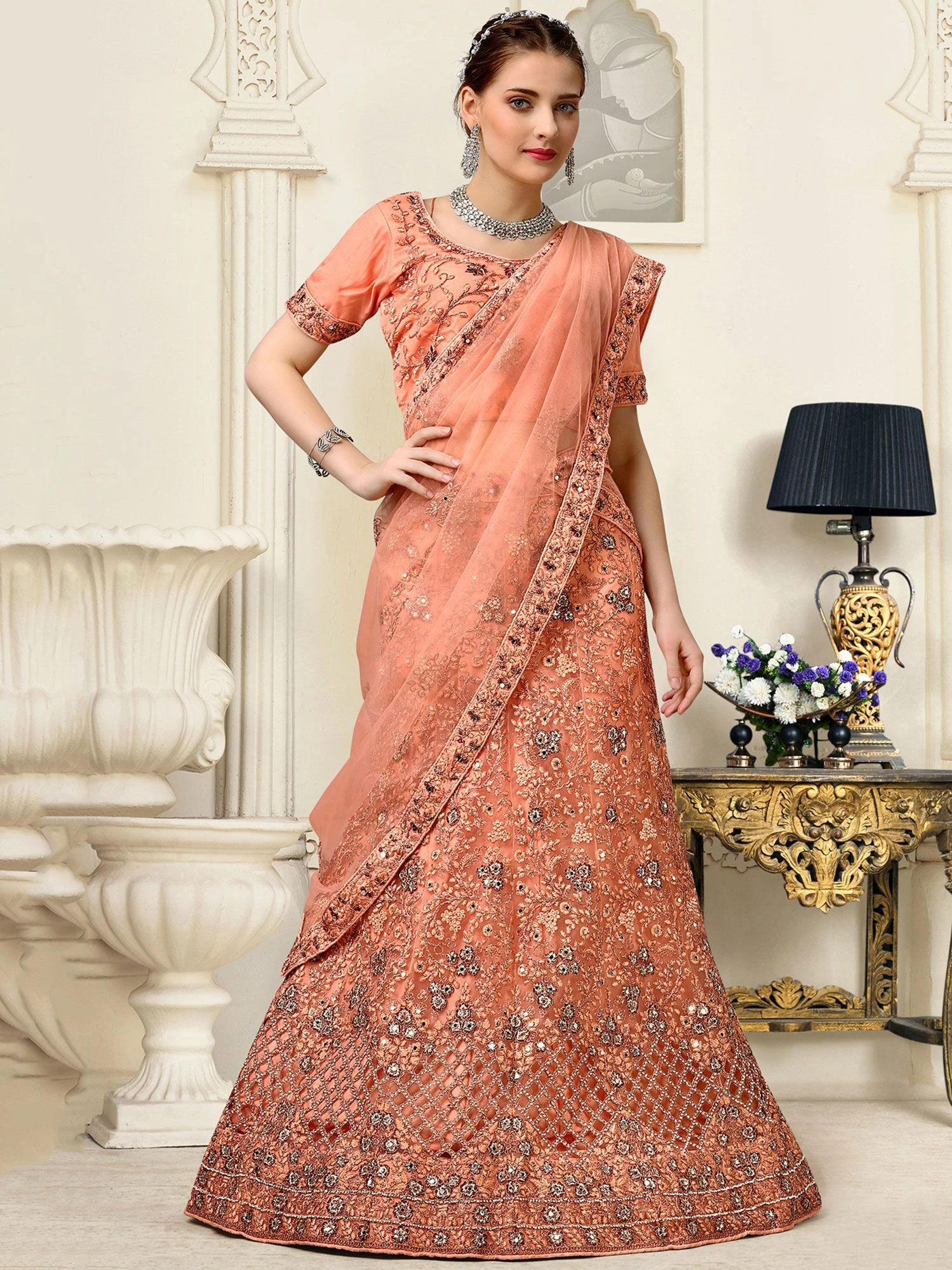 Orange Net Lehenga Set With Thread Embroidery 4 Orange Net Lehenga Set With Thread Embroidery - Image 2