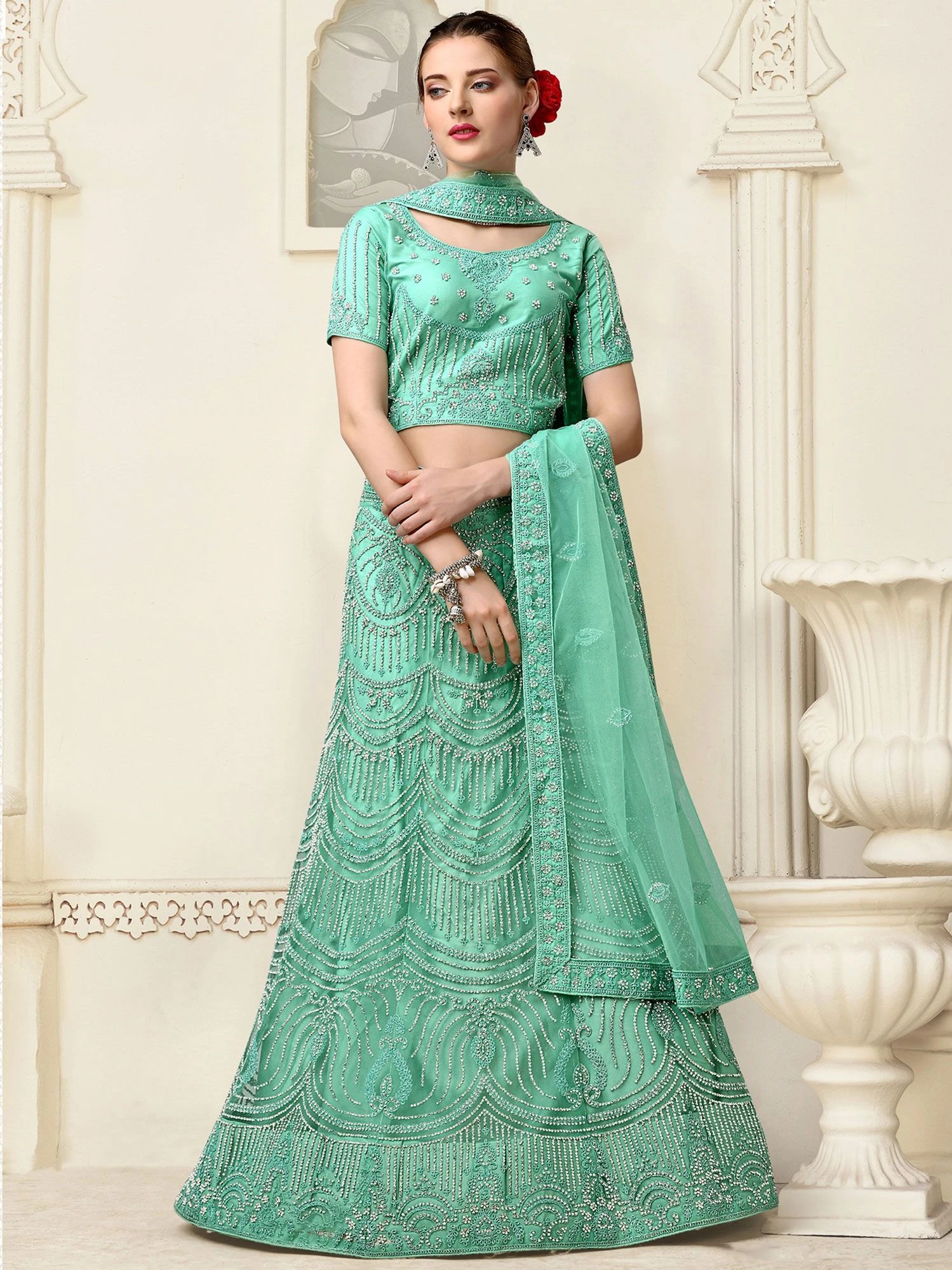 Turquoise Festive A Line Lehenga In Net 4 Turquoise Festive A Line Lehenga In Net - Image 2