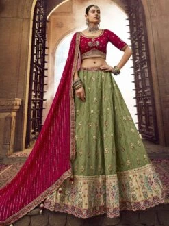 Green Wedding Wear Rayon Lengha With Zari Work