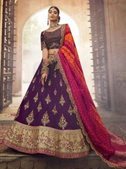 Purple Embroidered Lengha Choli With Printed Dupatta