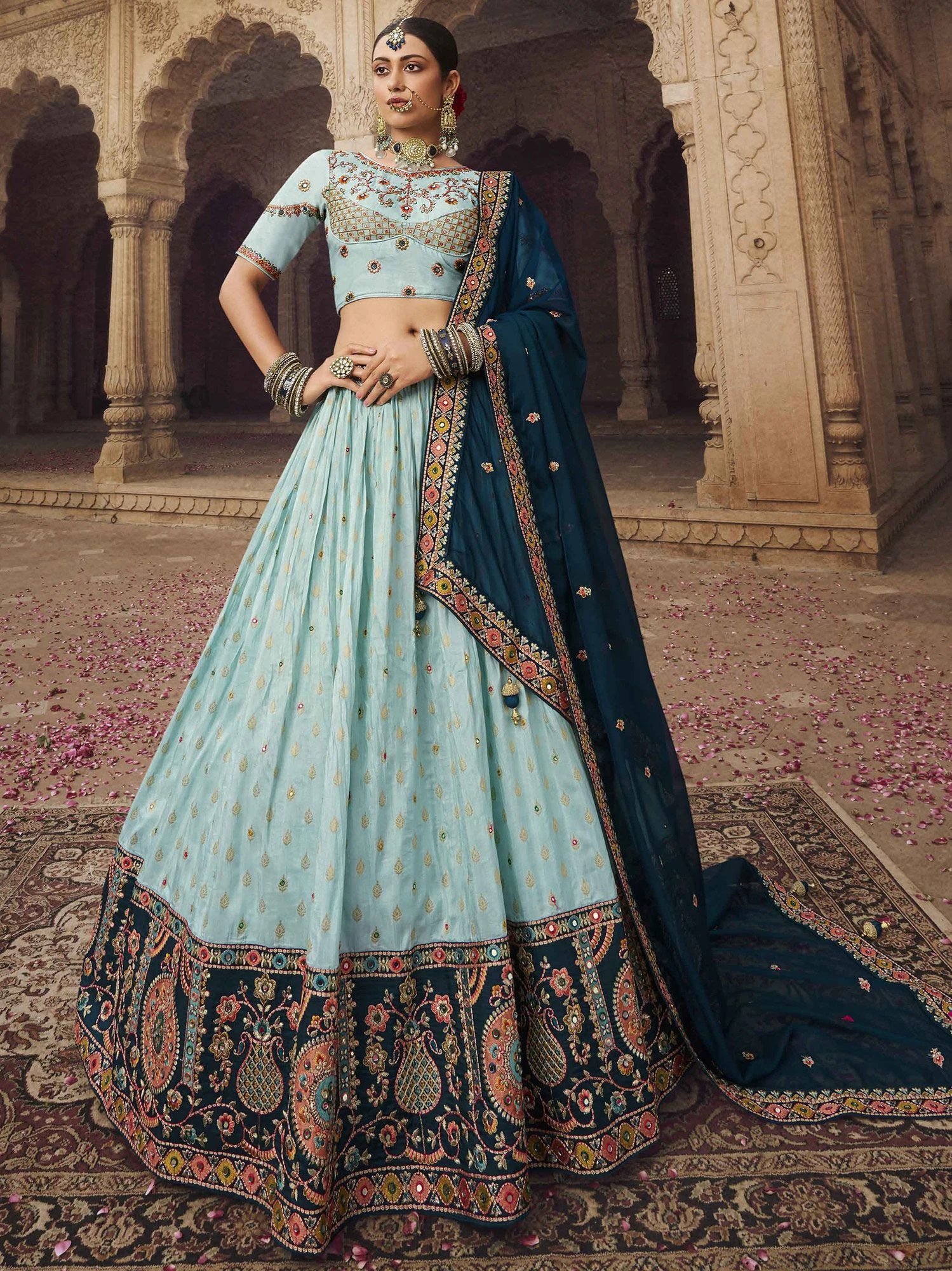Blue Mirror Work Festive Lehenga Set In Rayon 3 Blue Mirror Work Festive Lehenga Set In Rayon