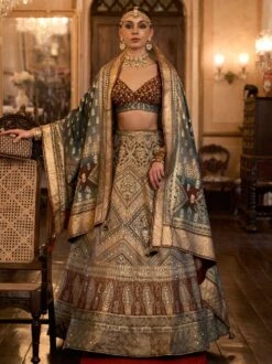 Grey Traditional Woven Lehenga Set In Silk