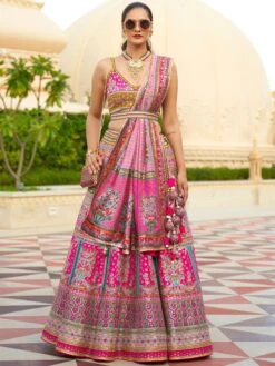 Pink Silk Lahanga With Heavy Embroidery