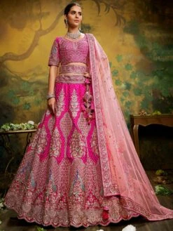 Pink Bridal Silk Lehenga Set With Heavy Embroidery