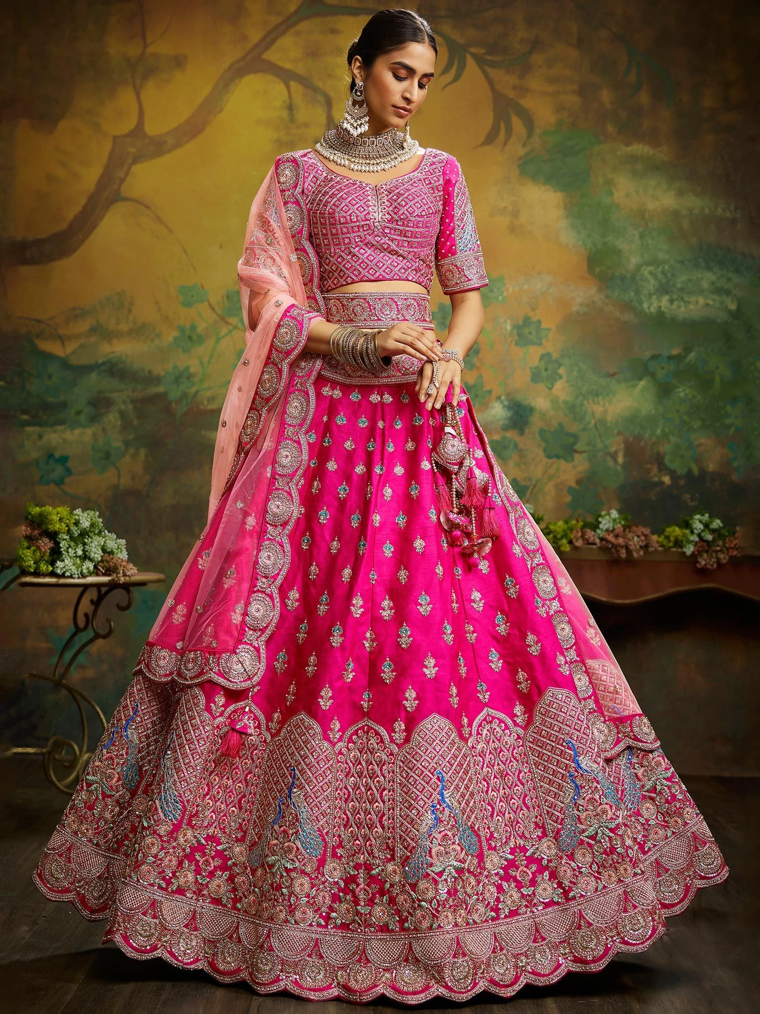 Pink Heavy Border Bridal Lehenga Choli In Silk 3 Pink Heavy Border Bridal Lehenga Choli In Silk