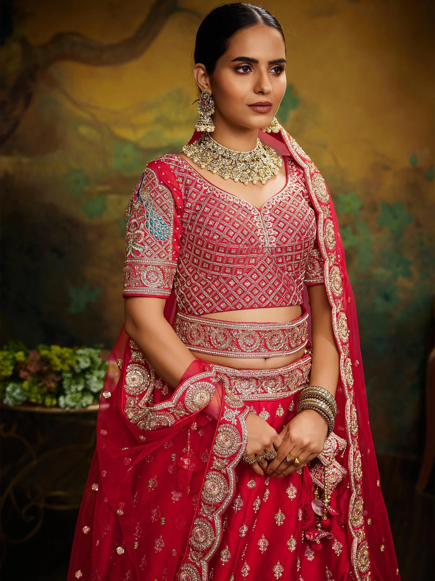 Red Heavy Embroidery Bridal Lengha In Silk 4 Red Heavy Embroidery Bridal Lengha In Silk - Image 2