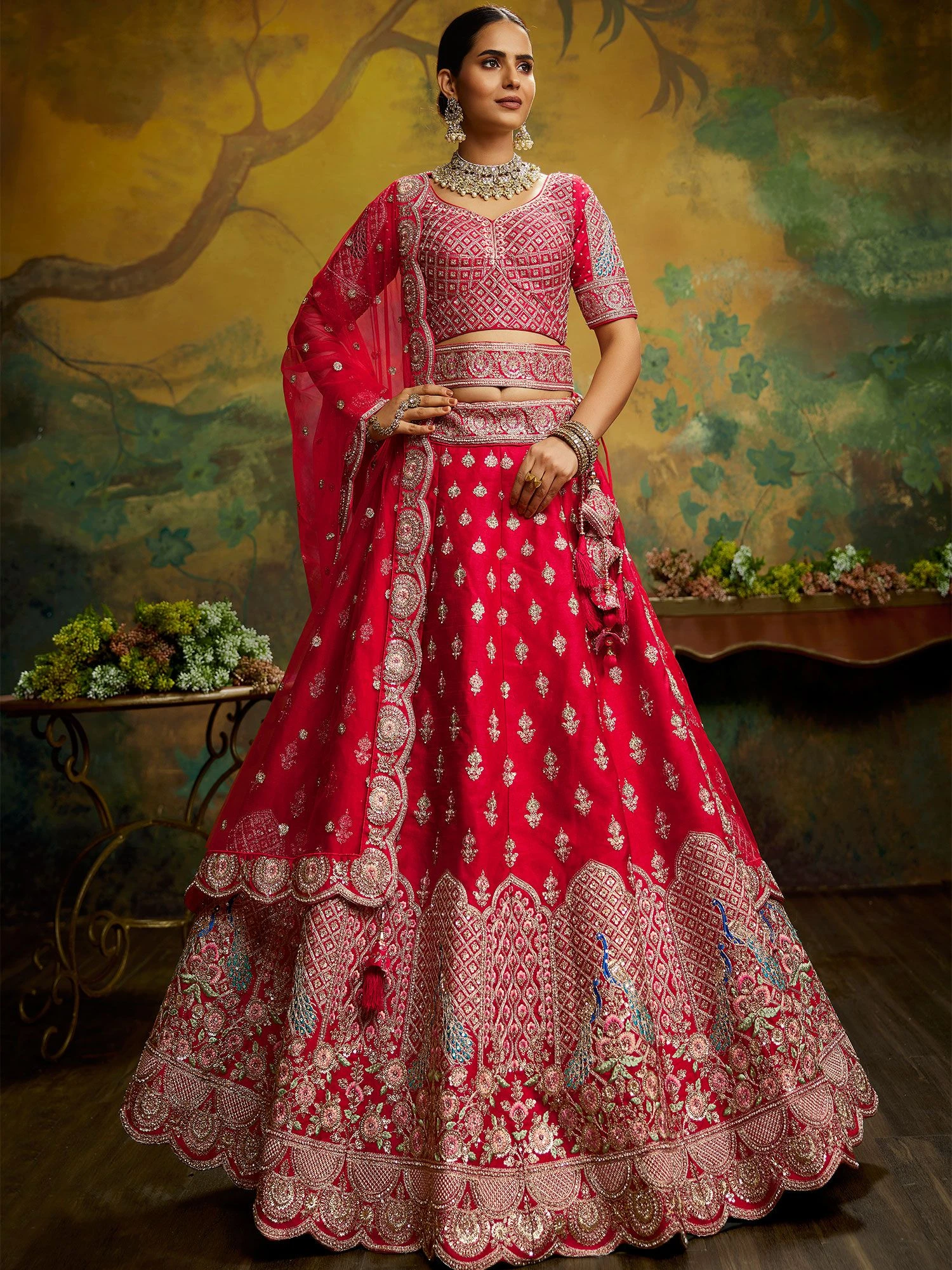 Red Heavy Embroidery Bridal Lengha In Silk 3 Red Heavy Embroidery Bridal Lengha In Silk