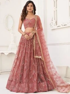 Peach Sequined Festive Lengha Choli In Net
