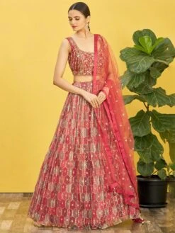 Red Orgnaza Lehenga Choli With Dupatta