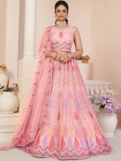 Pink Sequined Net Lehenga Set In A Line Style