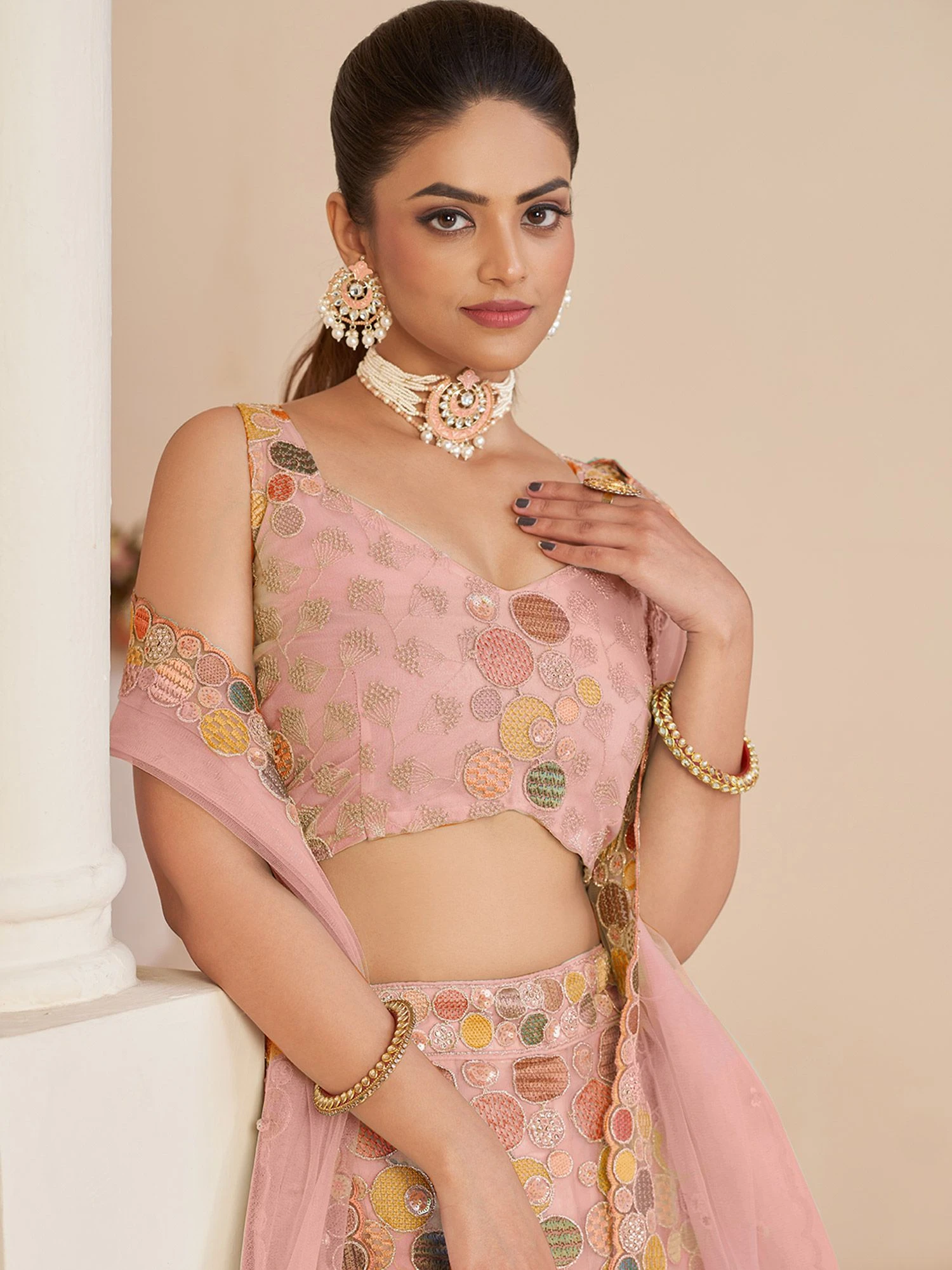 Pink Embroidered Lehenga Choli With Net Dupatta 4 Pink Embroidered Lehenga Choli With Net Dupatta - Image 2