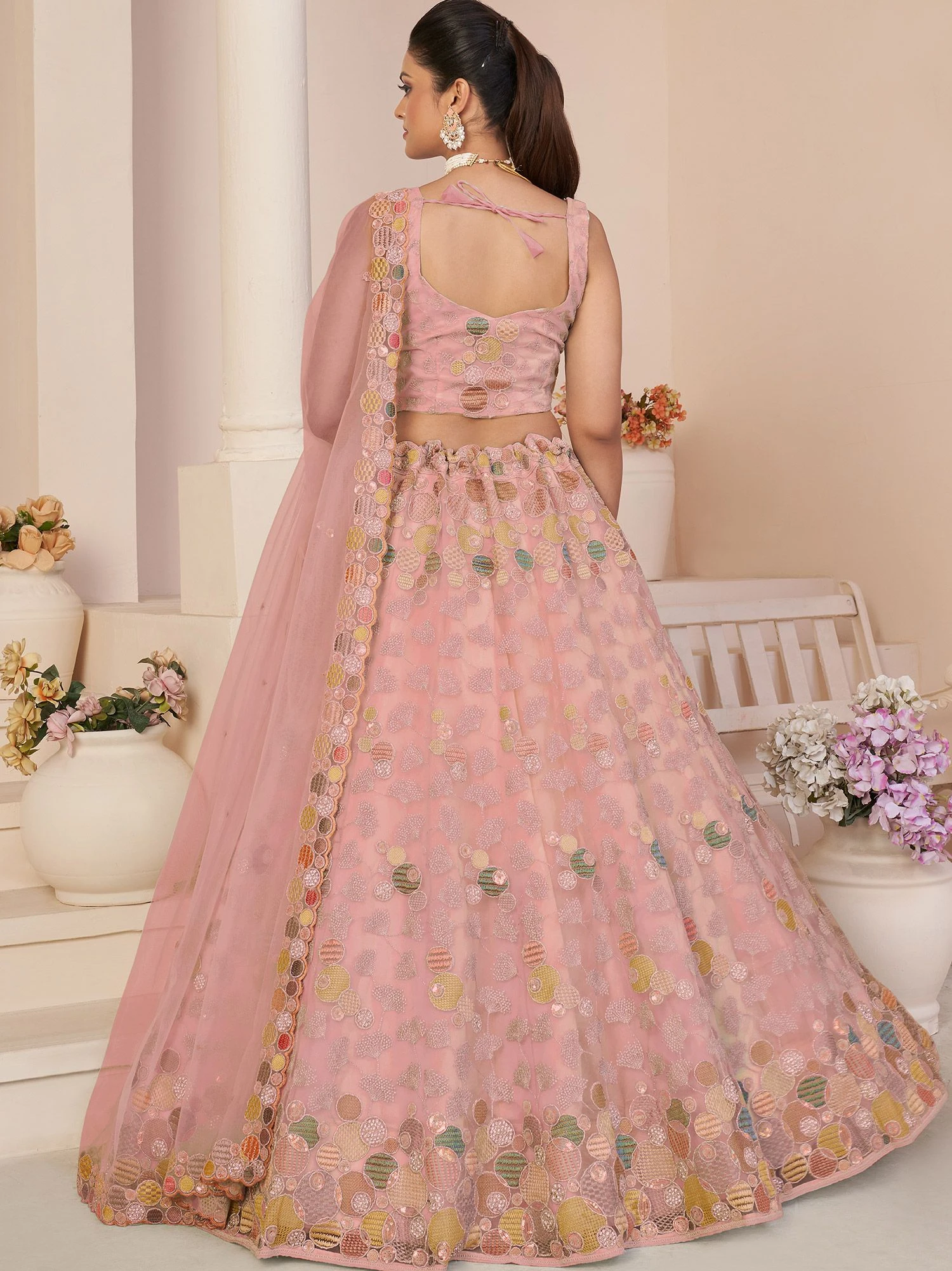 Pink Embroidered Lehenga Choli With Net Dupatta 5 Pink Embroidered Lehenga Choli With Net Dupatta - Image 3