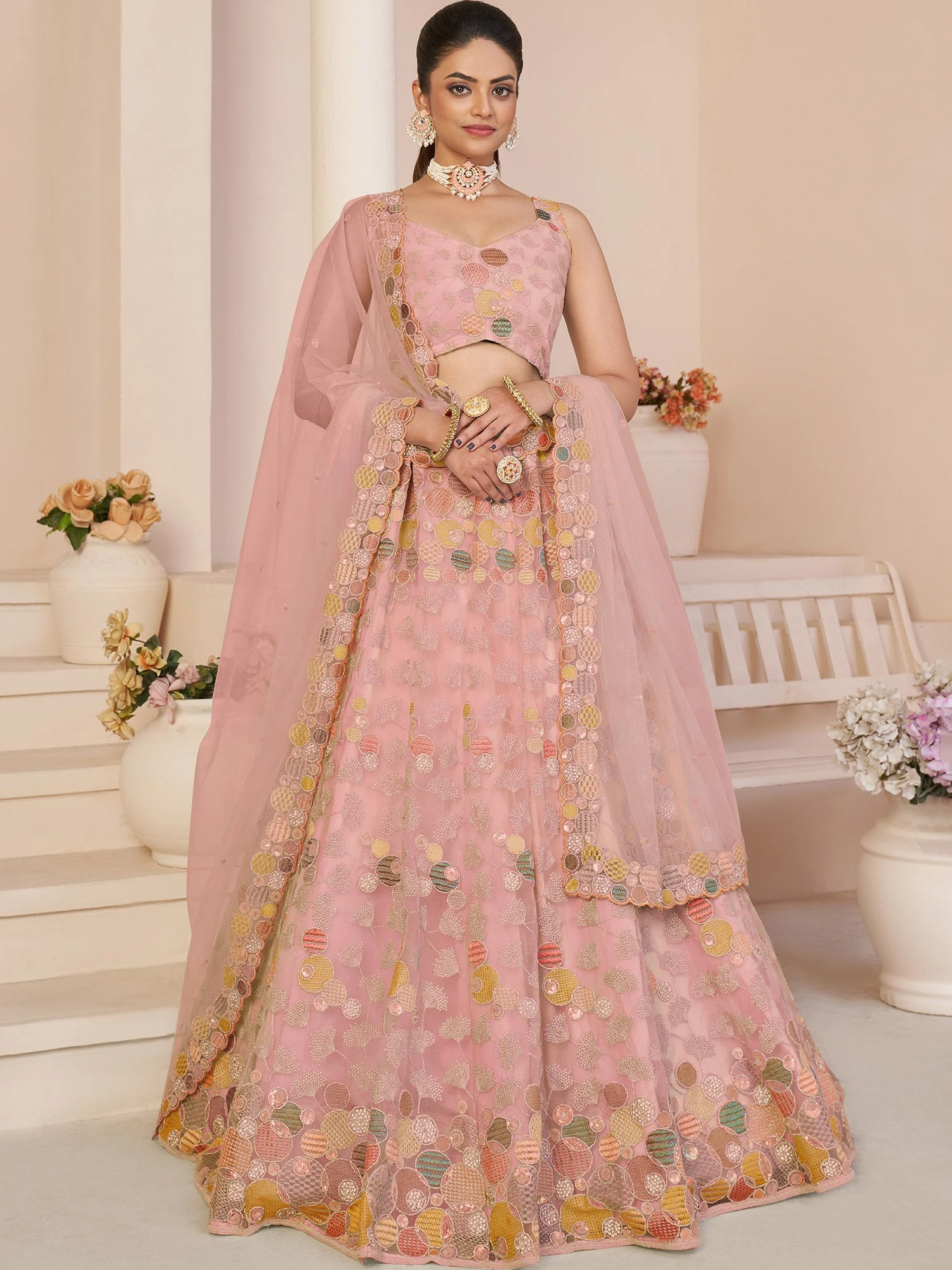 Pink Embroidered Lehenga Choli With Net Dupatta 3 Pink Embroidered Lehenga Choli With Net Dupatta