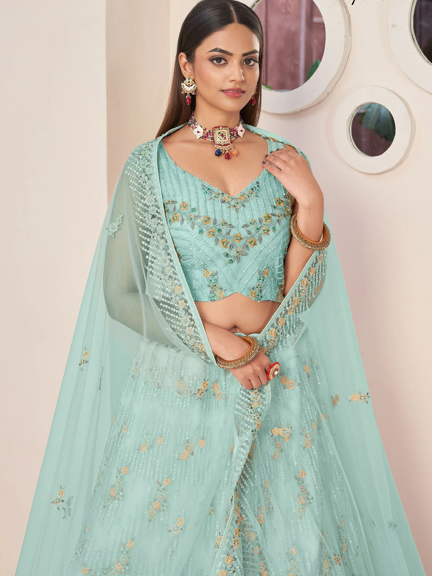 Blue Lehenga Choli With A Line Styled In Net 4 Blue Lehenga Choli With A Line Styled In Net - Image 2