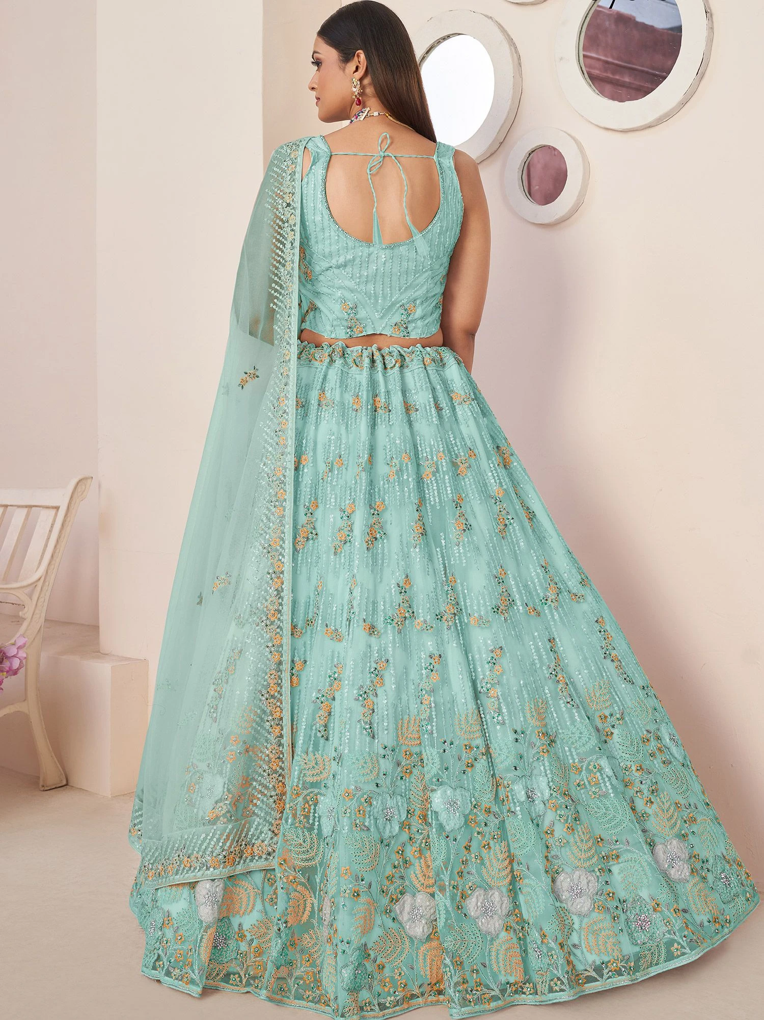 Blue Lehenga Choli With A Line Styled In Net 5 Blue Lehenga Choli With A Line Styled In Net - Image 3