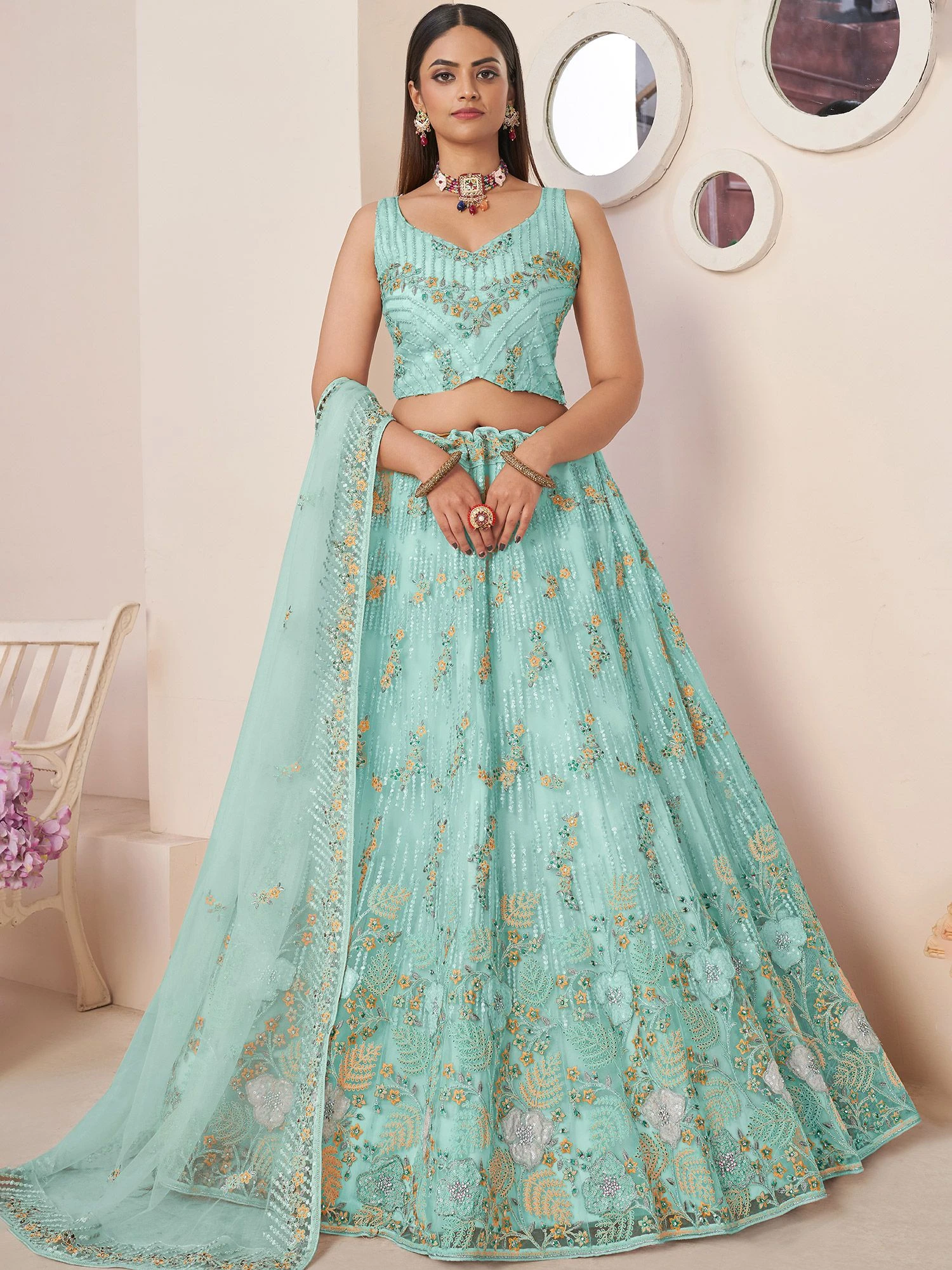 Blue Lehenga Choli With A Line Styled In Net 3 Blue Lehenga Choli With A Line Styled In Net