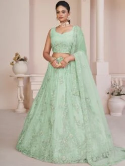 Turquoise Lehenga Choli With A Line Styled In Net