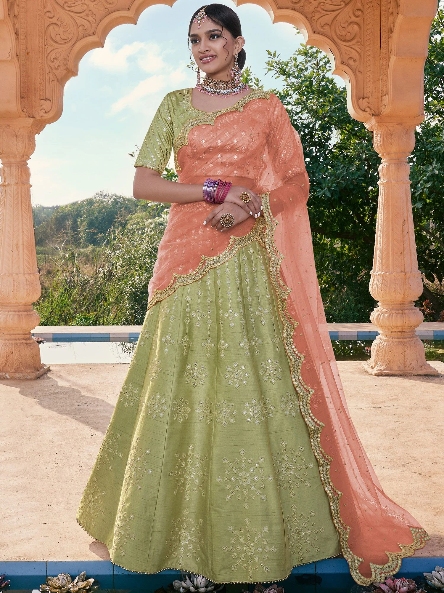 Green Embellished Silk Festive Style Lengha 3 Green Embellished Silk Festive Style Lengha