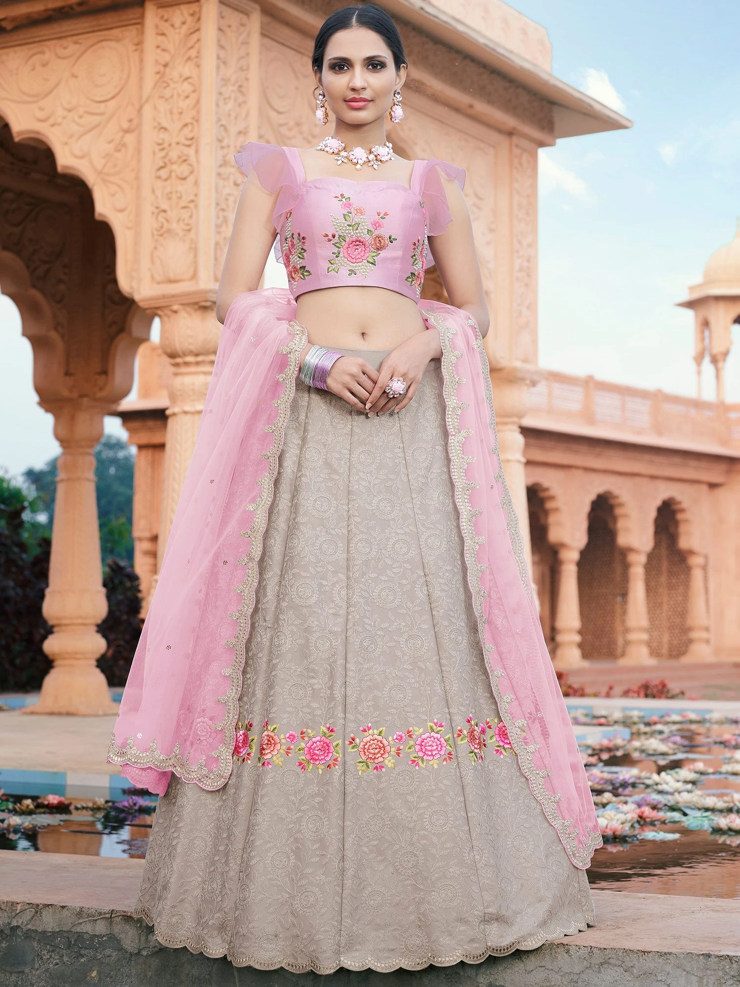 Grey Zari Embroidered Lehenga Set In Satin 3 Grey Zari Embroidered Lehenga Set In Satin