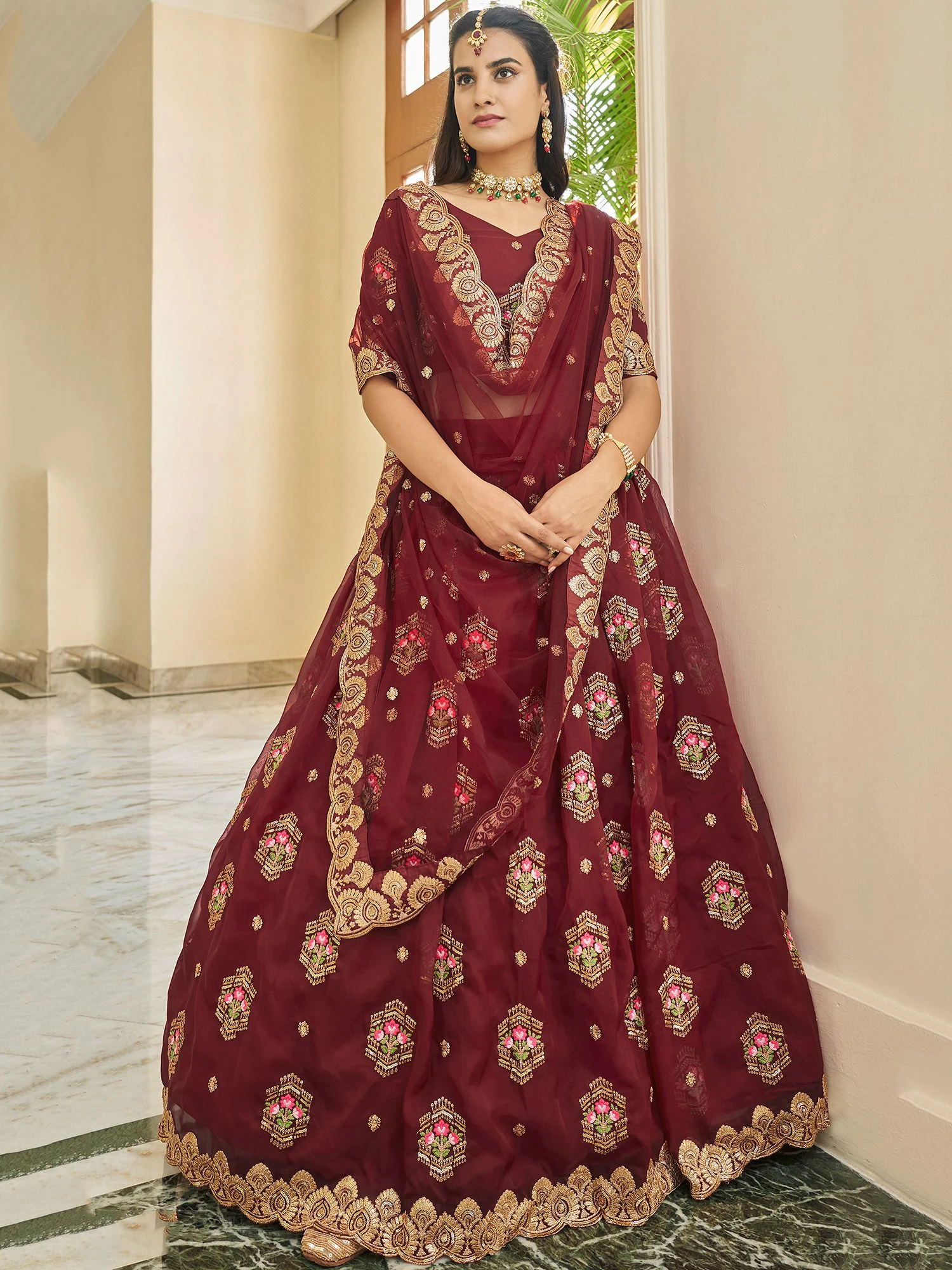 Maroon Organza Lehenga Choli With Zari Work 3 Maroon Organza Lehenga Choli With Zari Work