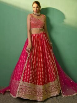 Red Wedding Wear Georgette Lehenga With Zari Embroidery