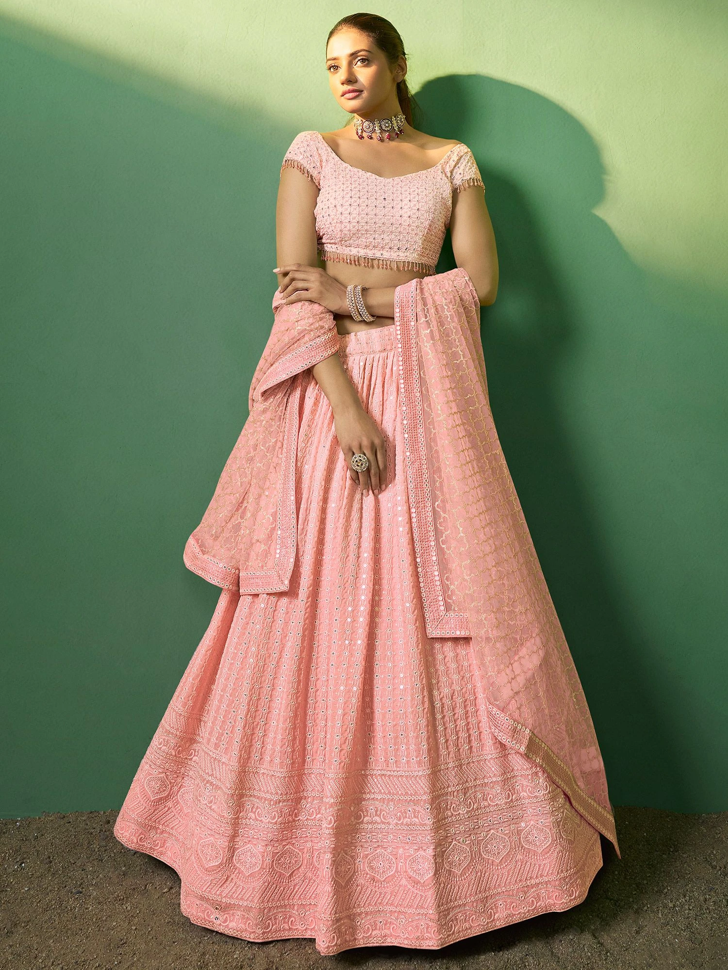 Pink Bridesmaid Georgette Lehenga With Heavy Embroidery 3 Pink Bridesmaid Georgette Lehenga With Heavy Embroidery