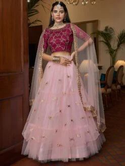 Pink Zari Embellished Net Lehenga With Choli