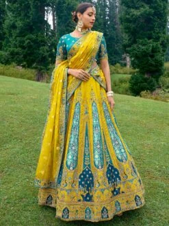 Yellow Stone Work Lehenga Choli In Silk