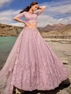 Pink Bridesmaid Net Lehenga In Floral Design