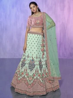 Turquoise Floral Work Lehenga With Velvet Choli