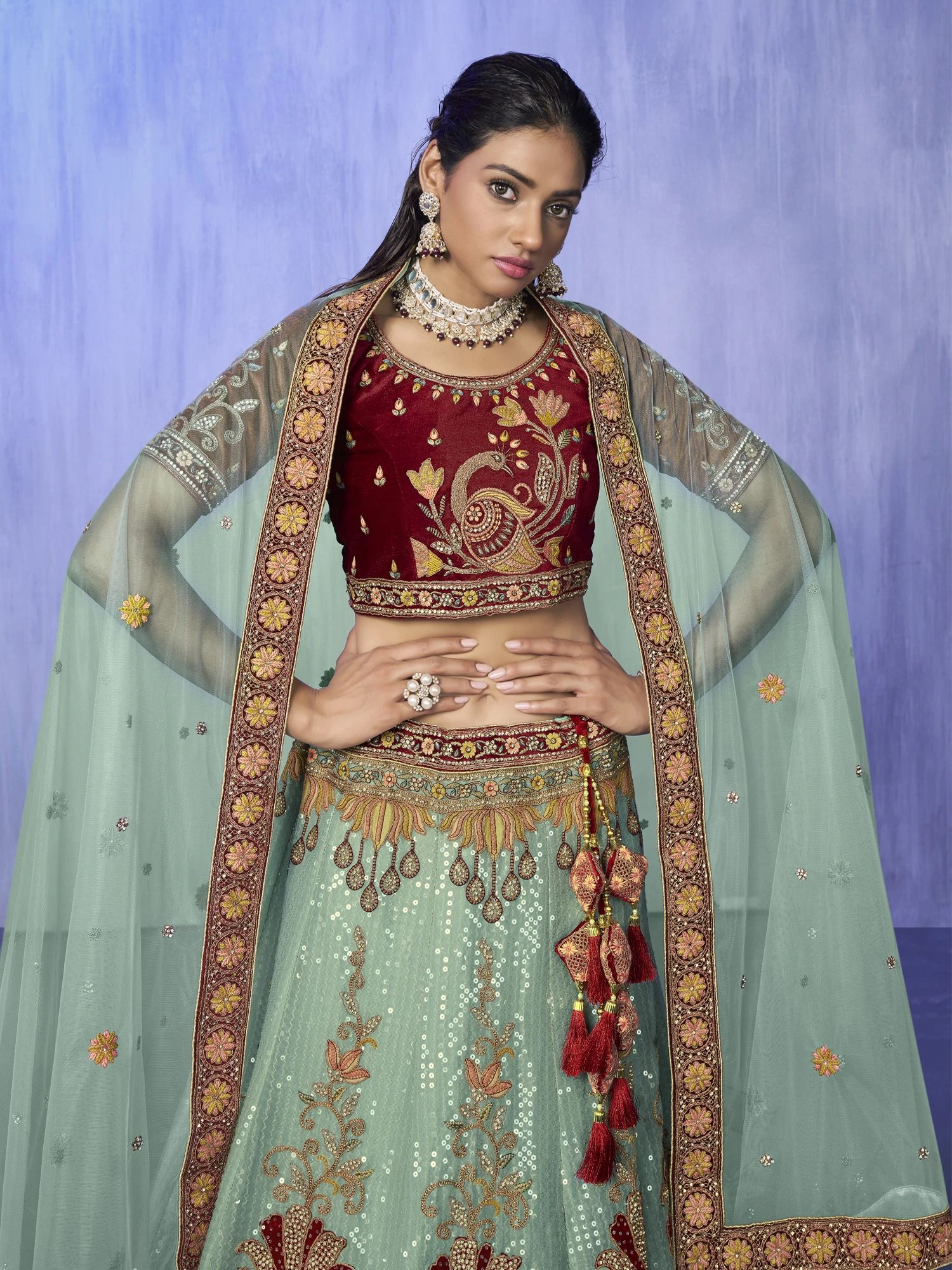 Mint Green Sequined Lehenga With Velvet Choli 4 Mint Green Sequined Lehenga With Velvet Choli - Image 2